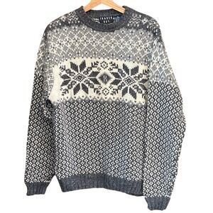 Vintage Trader Bay Sweater Fair Isle Snowflake Grandpacore Cabin Knit Gray White